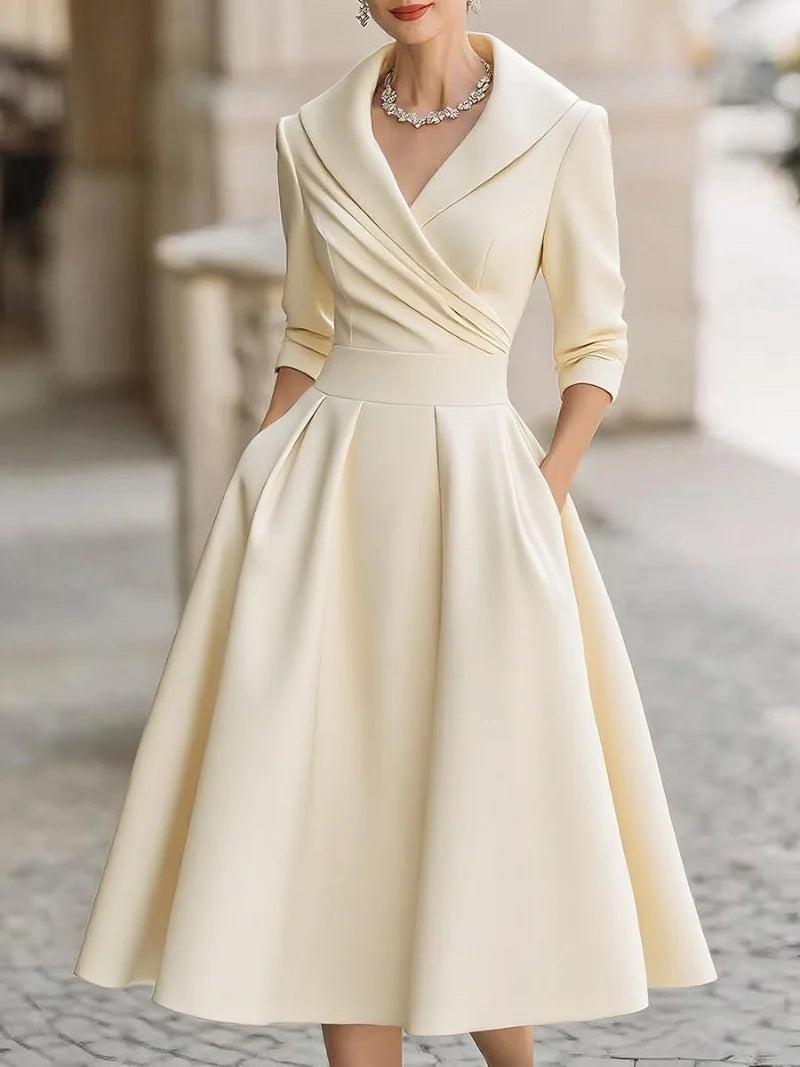 Classy Classic Lapel Cross Pleated Waist A-shaped Midi Dress Beige Bazaare Mart Classic Midi Dress