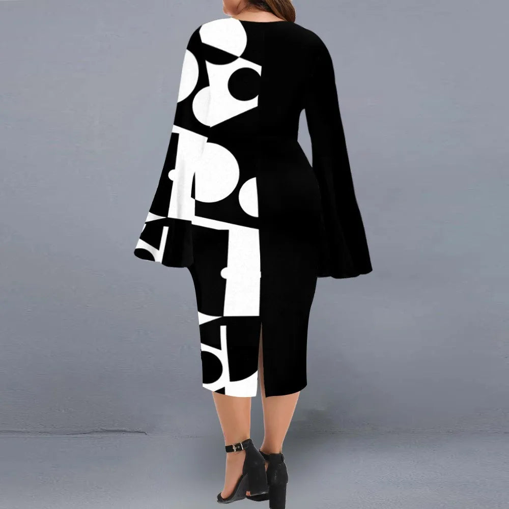 B&W Elegant Geo Print Party Dress