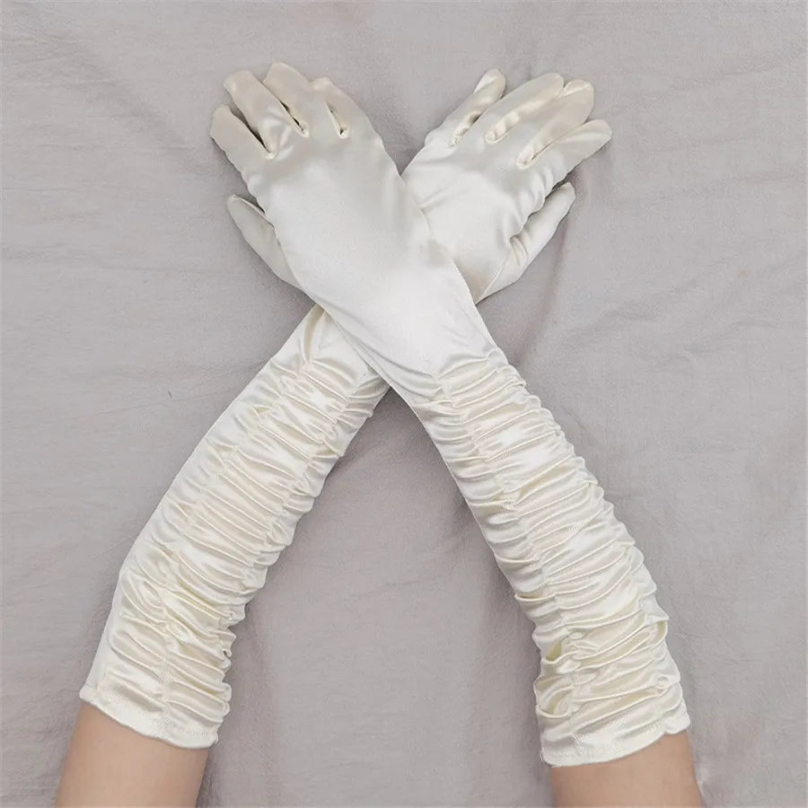 Satin Pleated Opera Gloves beige white Bazaare Mart Satin Opera Gloves