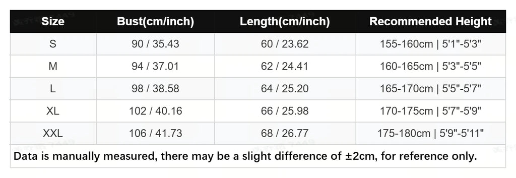 A size chart table showing measurements for S, M, L, XL, and XXL sizes, with Bust, Length, and Recommended Height in centimeters and inches, plus a note at the bottom stating data is manually measured with a slight difference of +/-2cm.