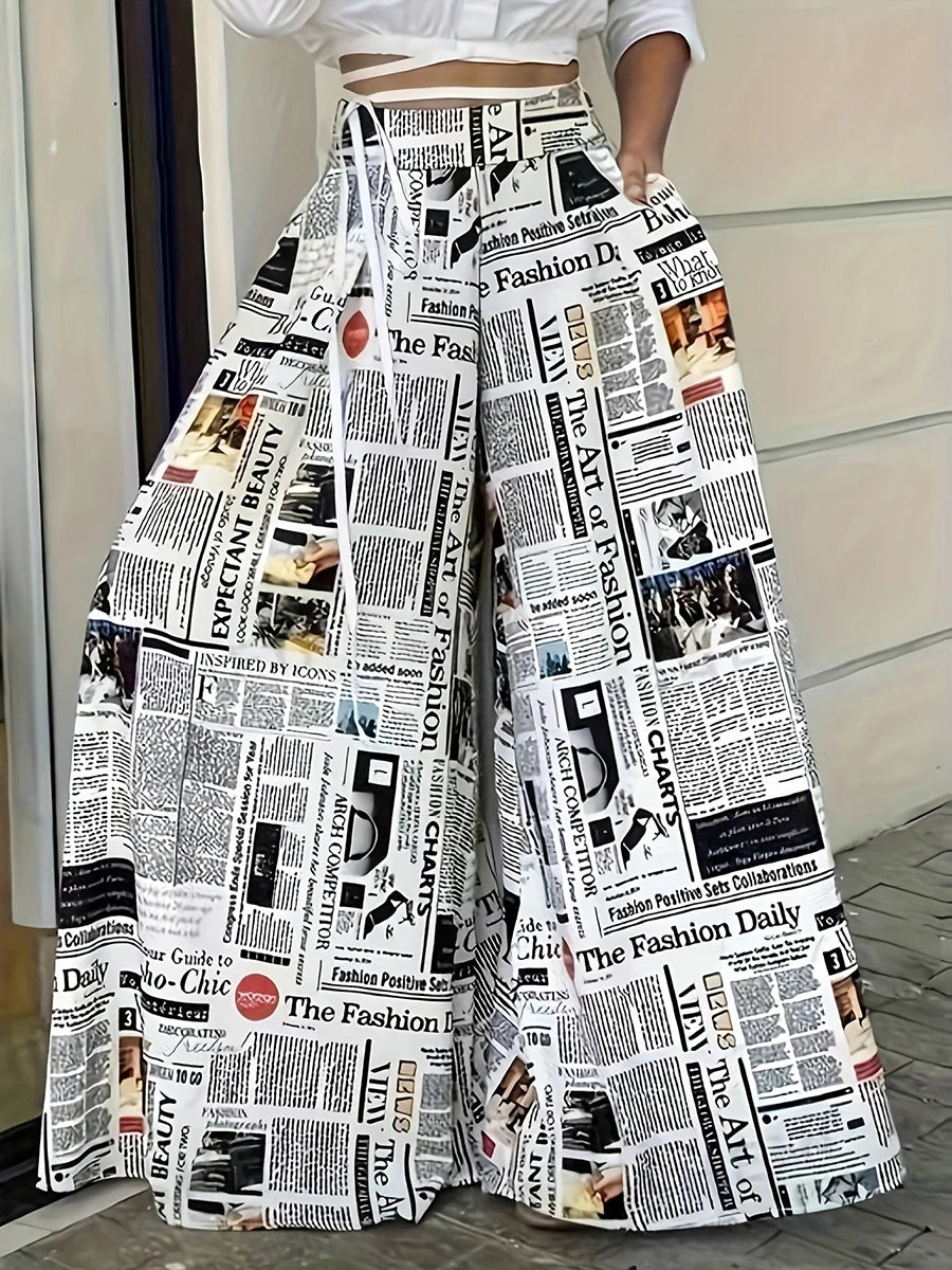 Vintage Newspaper Print Wide Leg Pants
