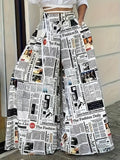 Vintage Newspaper Print Wide Leg Pants