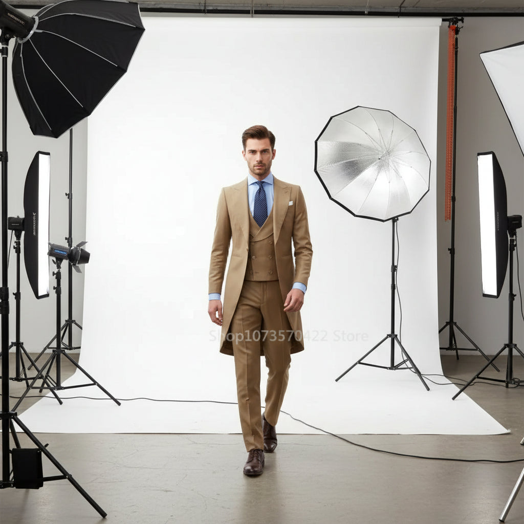 Beige suit with a long coat and vest on a white background