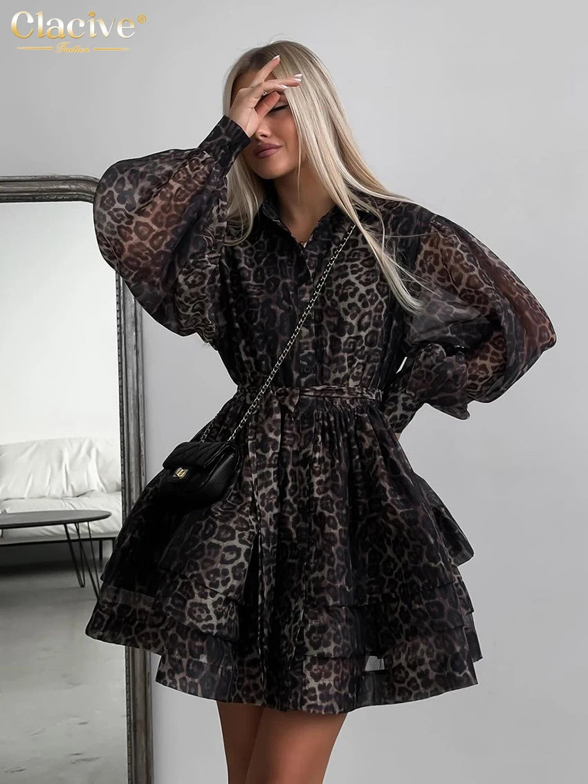 Retro Leopard Print Long Sleeve Mini Dress Brown CHINA Bazaare Mart Mini Dress