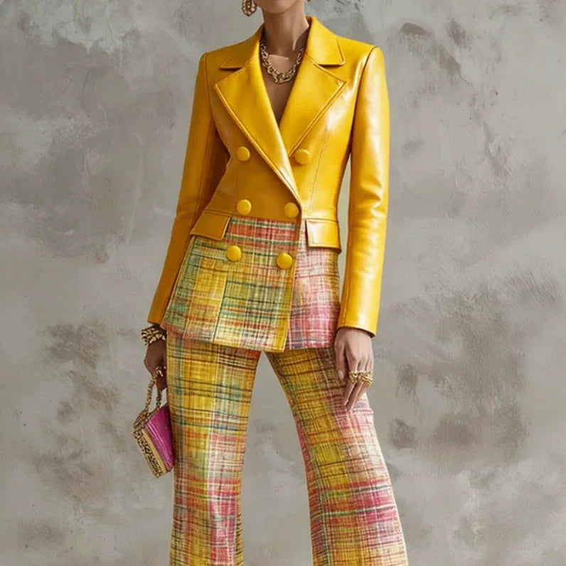 PU Leather Blazer & Plaid Flare Pants Set