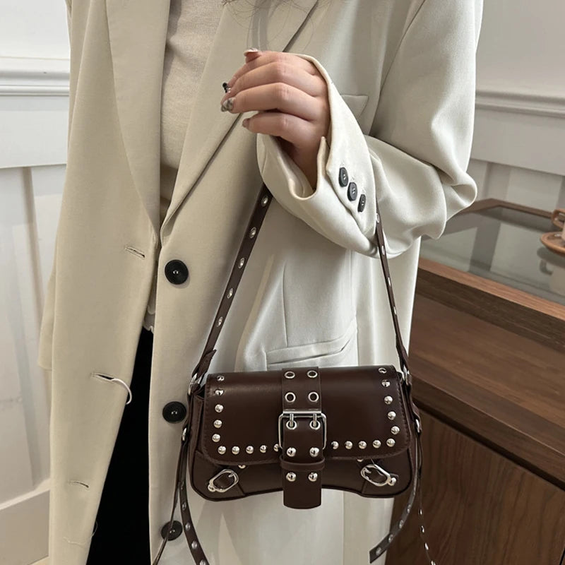 Studded Baguette Shoulder Bag – Faux Leather Punk Rock Shoulder Purse with Buckle & Rivet Details Bazaare Mart Shoulder Purse