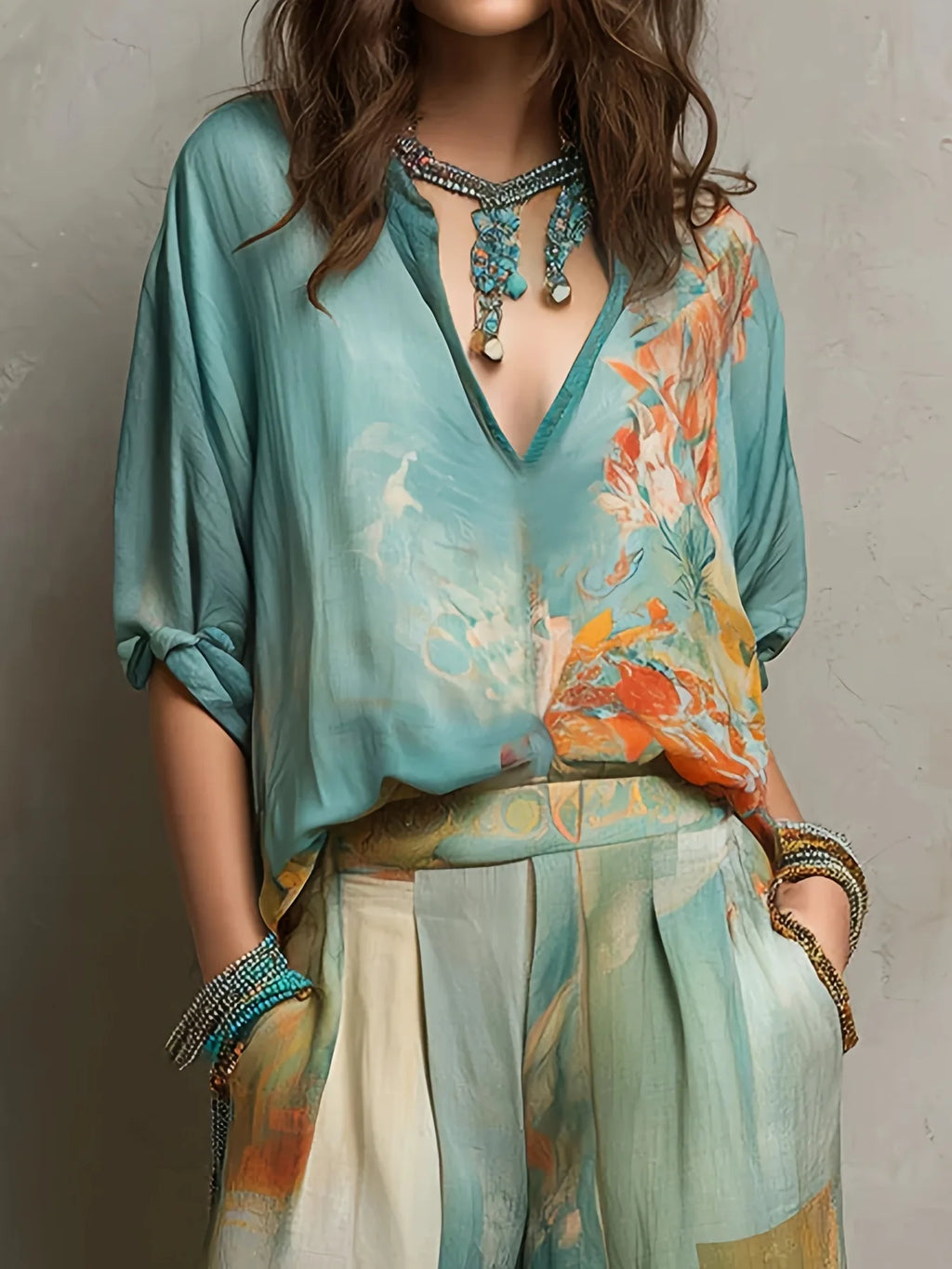 Vintage Floral Breeze Two-Piece Wide Leg Set