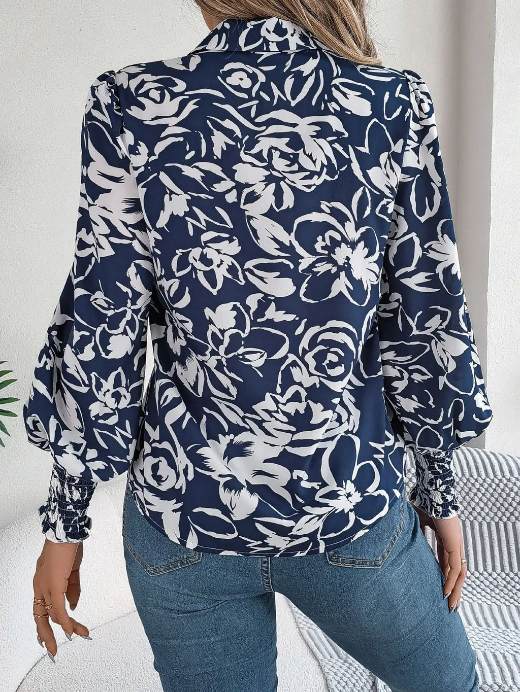 Floral Long Lantern Sleeve Flip Collar Blouse