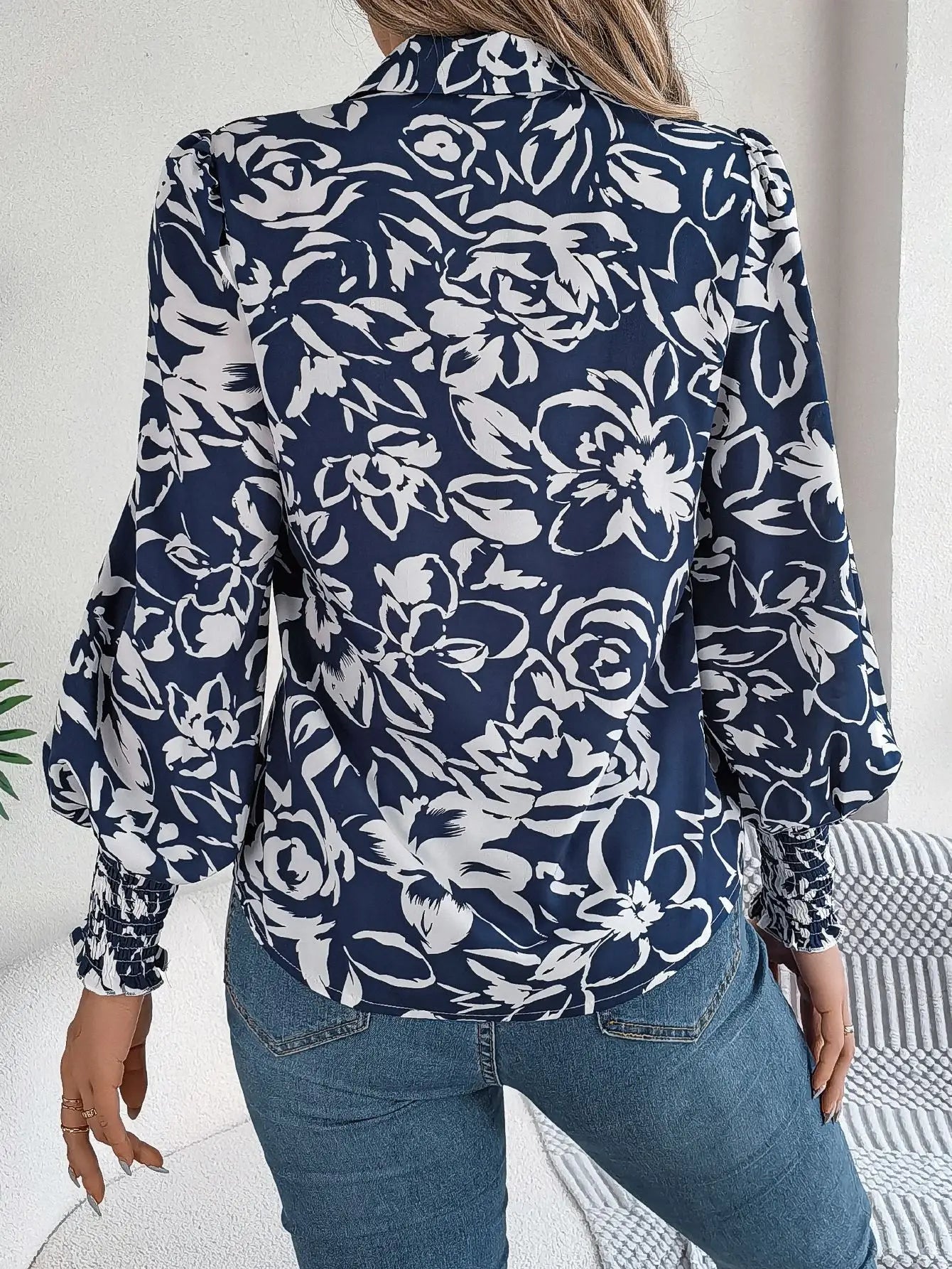 Floral Long Lantern Sleeve Flip Collar Blouse