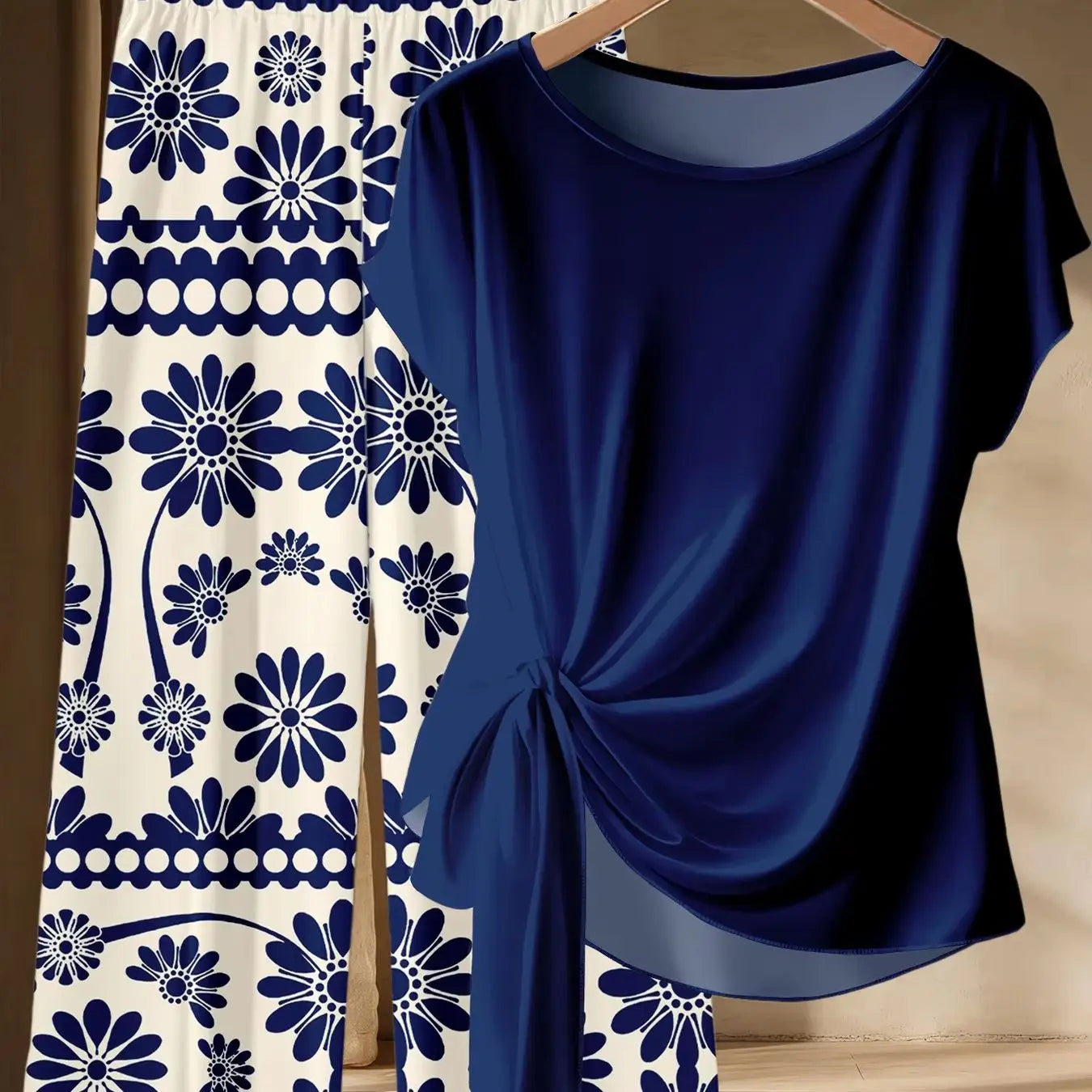 Plus Size Navy Side-Tie Top & Blue Floral Wide-Leg Pants 2-Piece Set – Casual Summer Outfit Bazaare Mart 2pc Pants Set