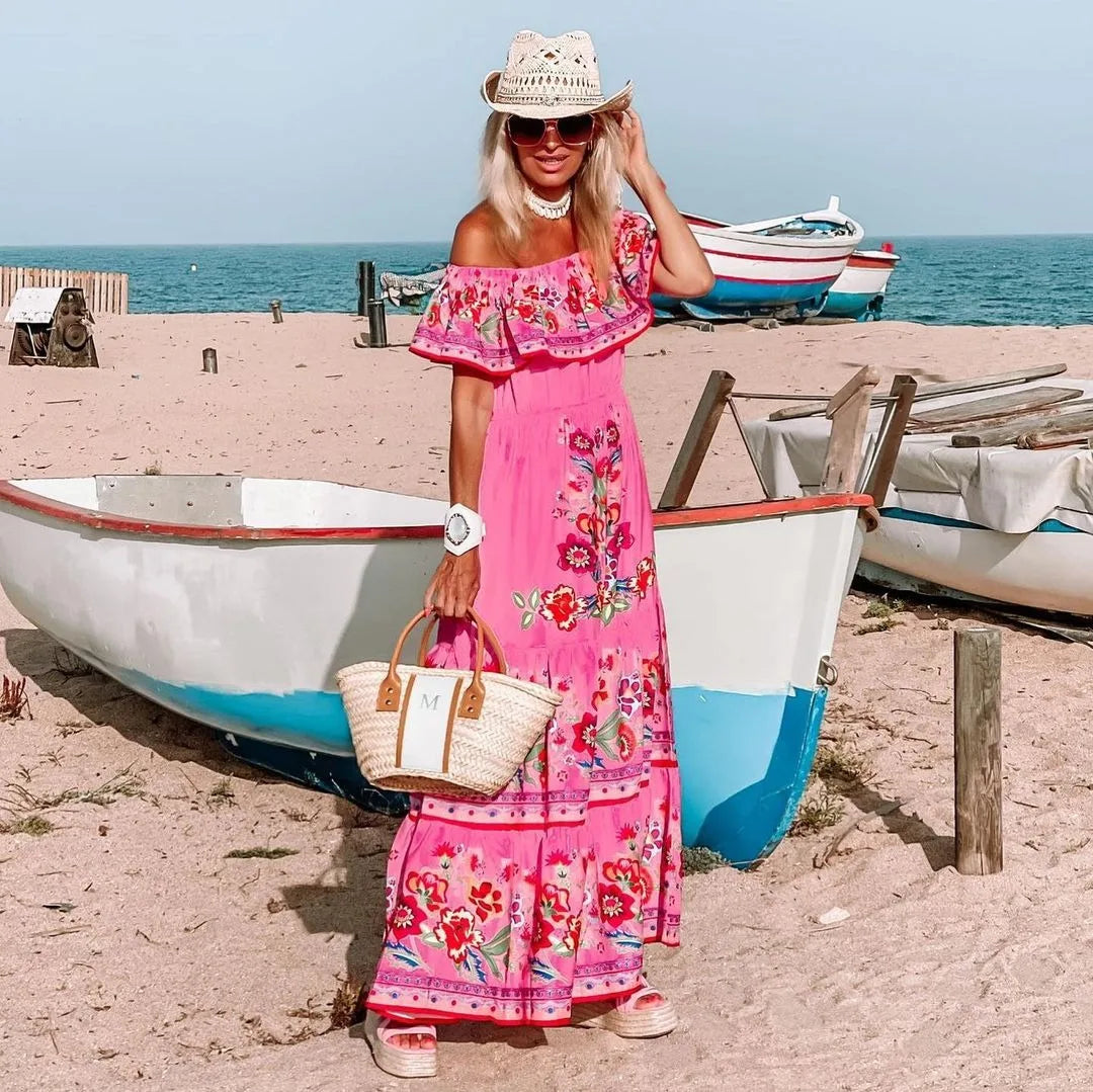 Off-shoulder Long Ruffled Peasant Dress
