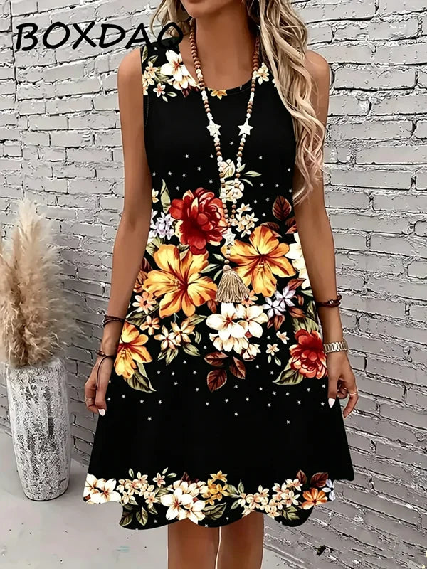 Large Size 3XL Women Tank dress Summer Loose Casual Sleeveless Floral Print Vest Dress Bazaare Mart