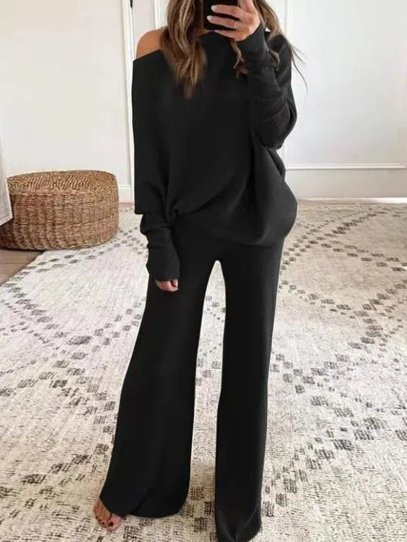 Long-Sleeve Bateau Collar Top + Wide-leg Pants Set