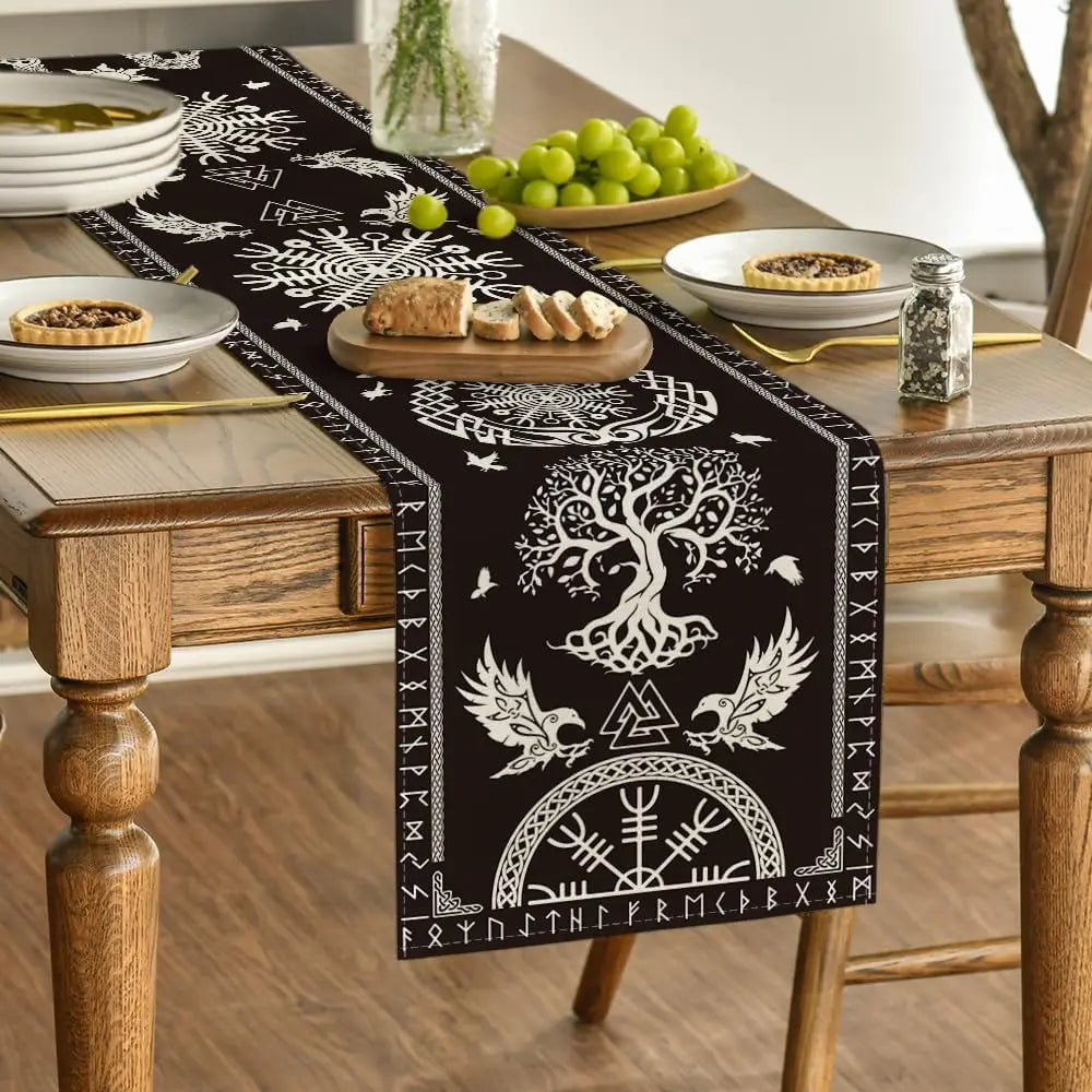 Black Viking Raven Helmet of Awe Linen Table Runner