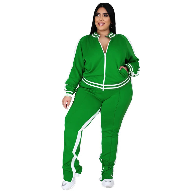 Plus Size Fluorescent Striped Cold Shoulder Tracksuit