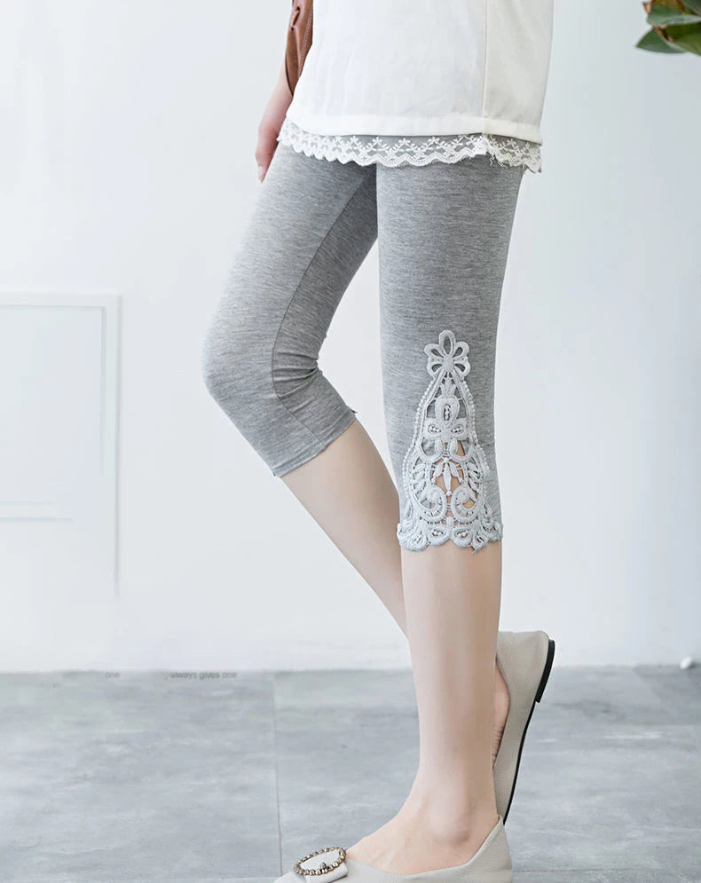 Women's Lace Trim Capri Leggings – High Waist Stretch 3/4 Length Cropped Leggings Bazaare Mart Capris Leggings