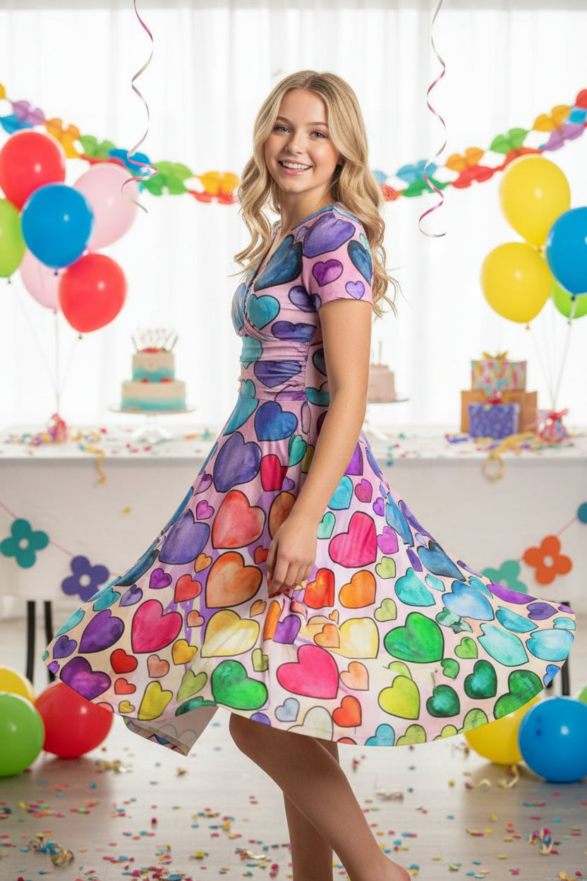 3D printed floral skirt Valentine's Day series printed V-neck short-sleeved dress A-line long skirt casual and fashionable -5 11 Bazaare Mart