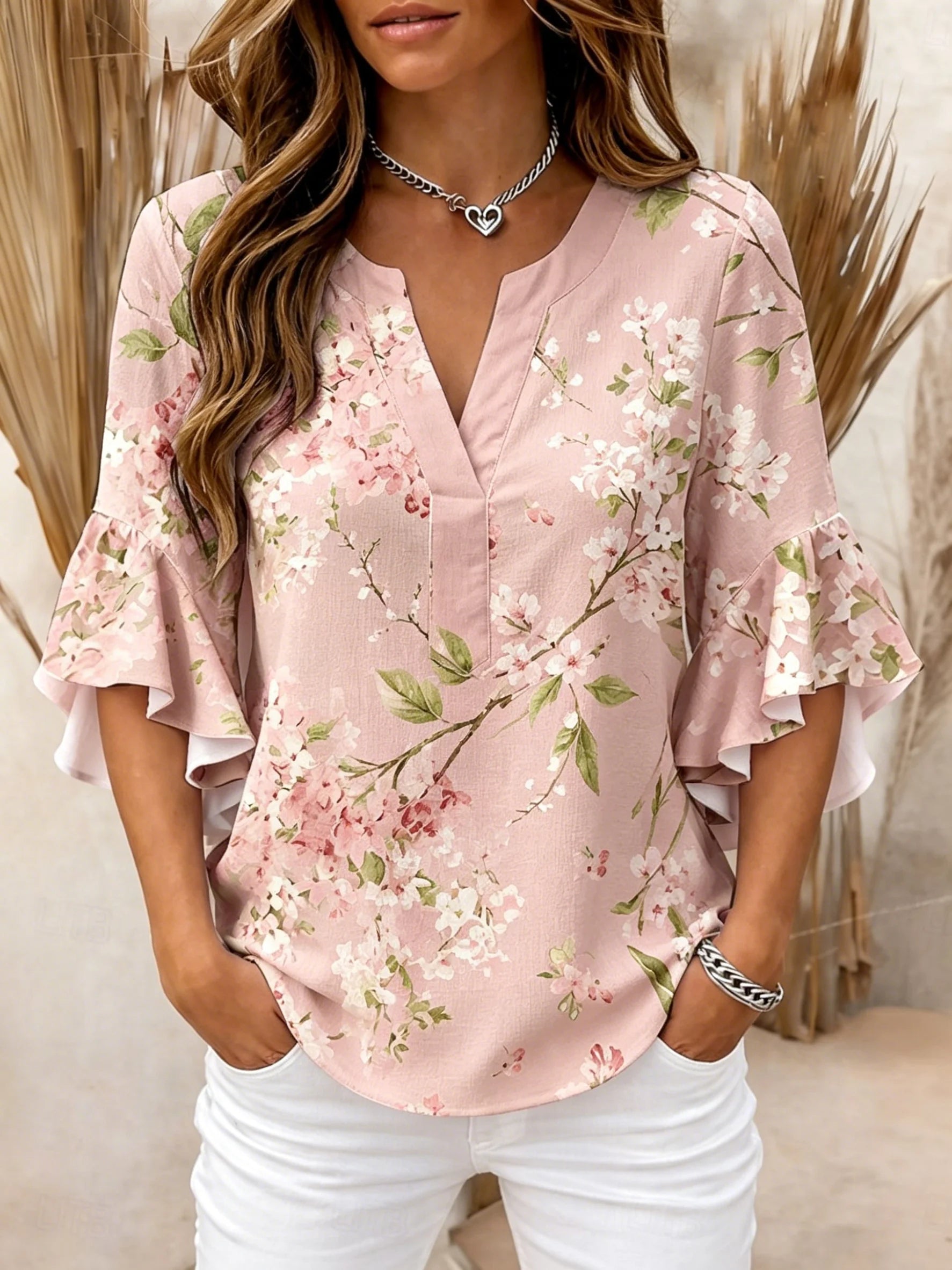 Women's Ruffle Sleeve Daisy Print V Neck Casual Blouse Elegant Daily Tops in Yellow for Spring Summer HCHLE20260719M Bazaare Mart