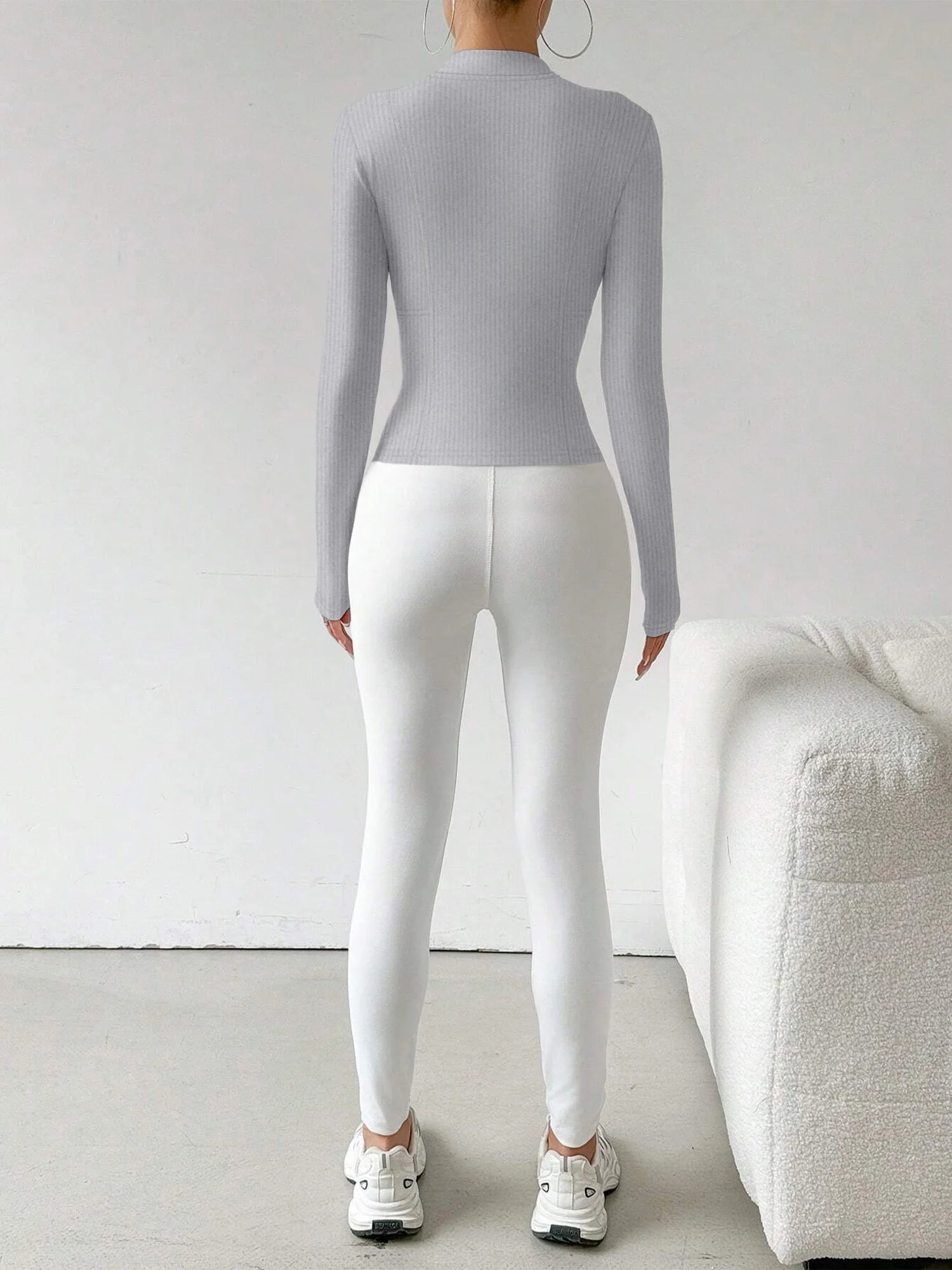 Ribbed Knit Zip-Up Crop Active Fit Jacket with Stand Collar