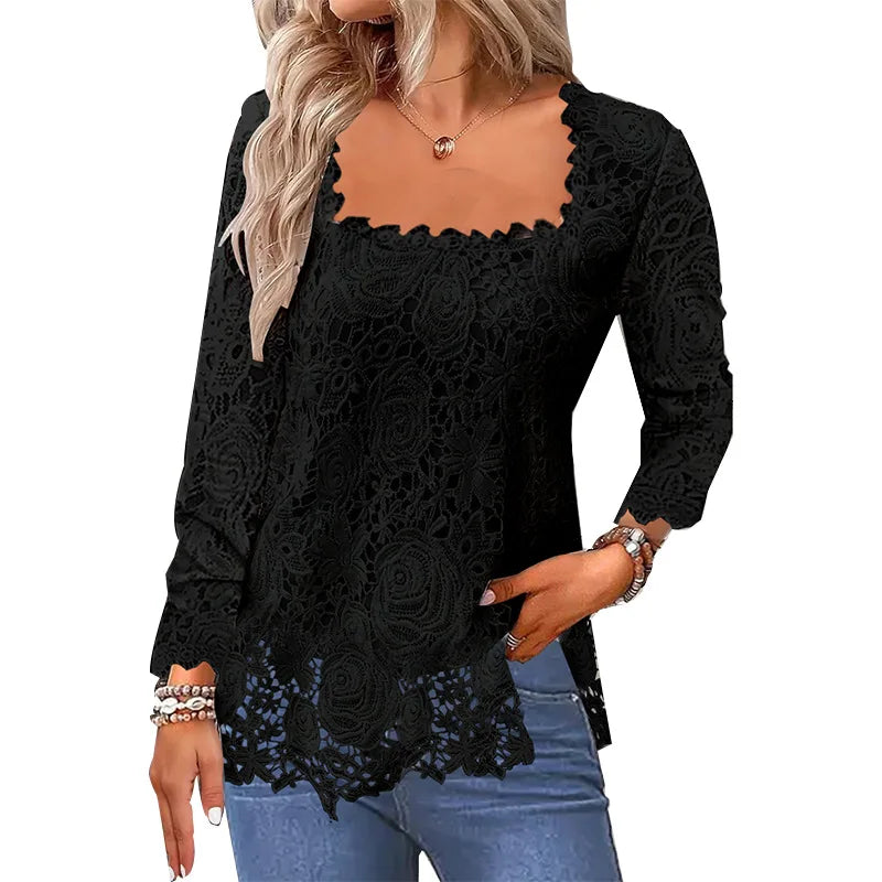 U Collar Long Sleeve Lace Loose T-shirts Summer Women Lace Patchwork Hollow Out Baggy Tee Shirt Tops MYH-myh221 Bazaare Mart