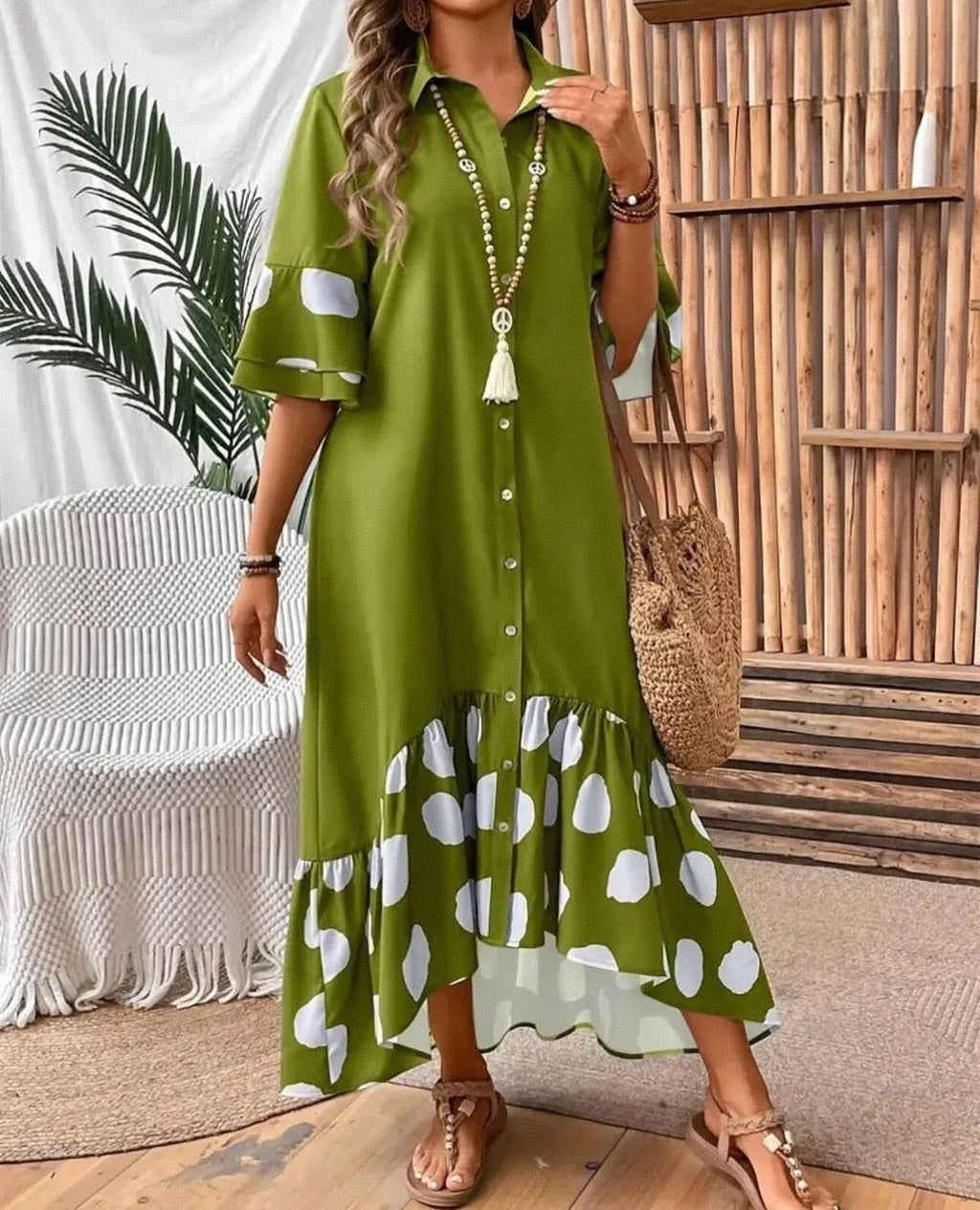 Women's Polka Dot Shirt Dress – Button Front Midi Dress with Flare Sleeves Bazaare Mart Half Sleeve Midi Shirt Dress