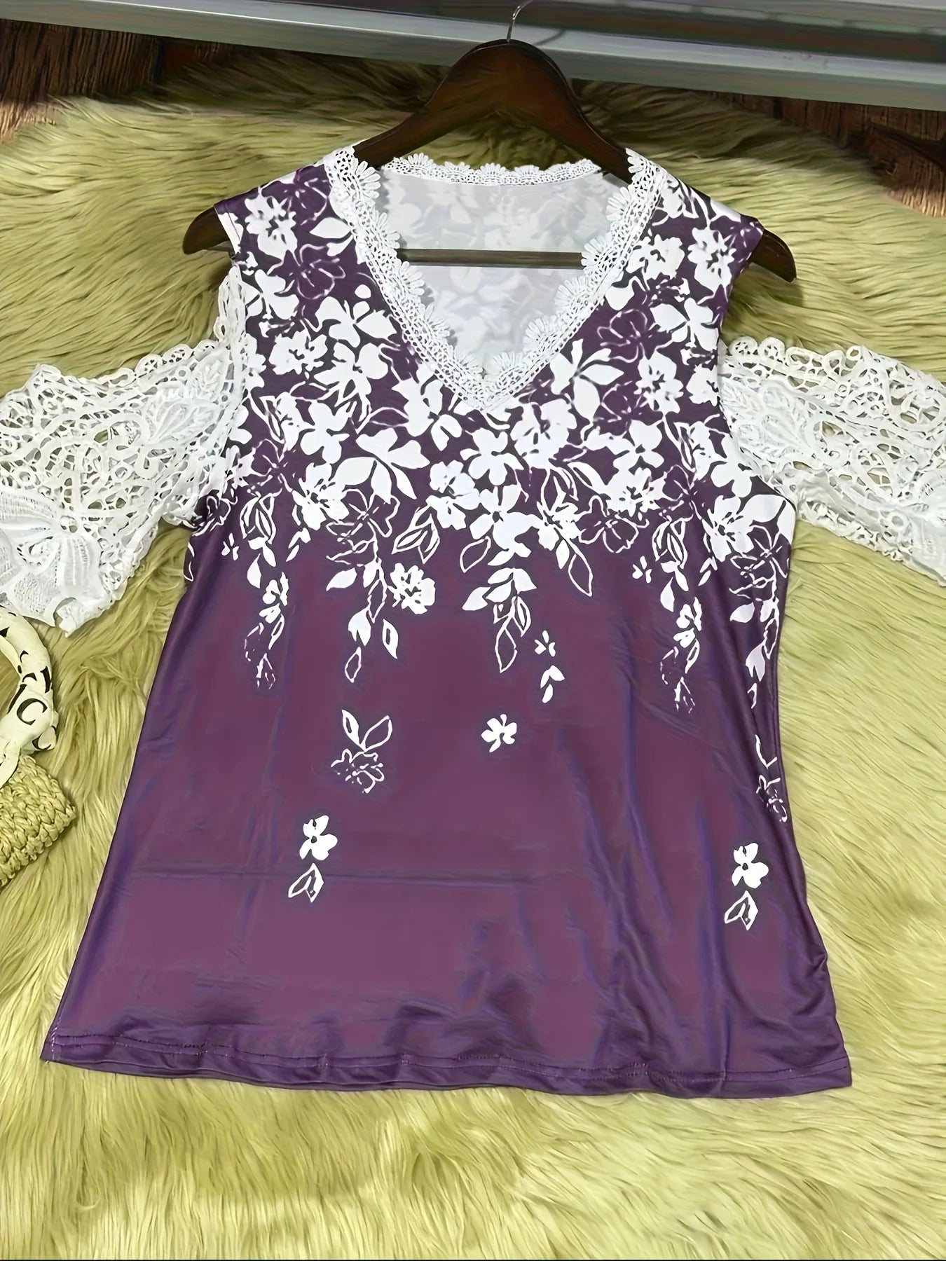 Large size women's fashionable temperament lace patchwork V-neck print off shoulder sleeves lace patchwork top Bazaare Mart