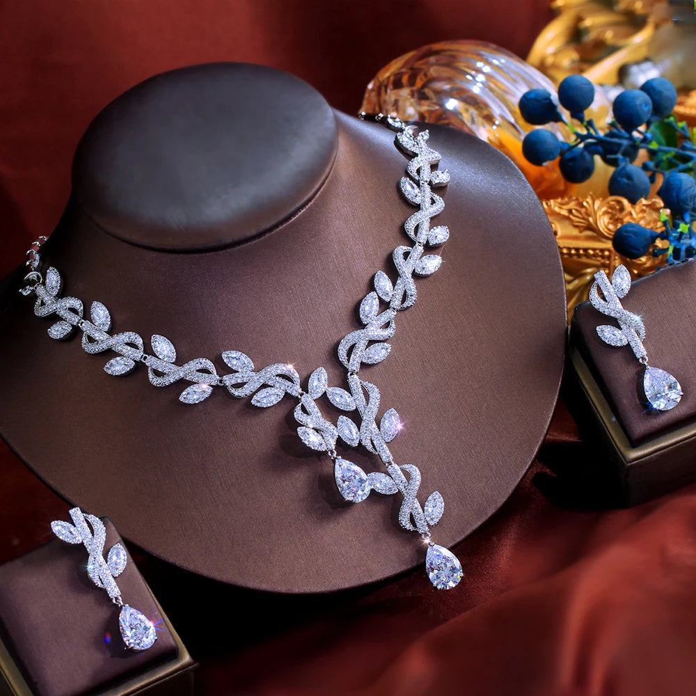 Water Drop Zirconia Leaf Bridal Jewelry Set Bazaare Mart Water Drop Zirconia Leaf Bridal Jewelry Set