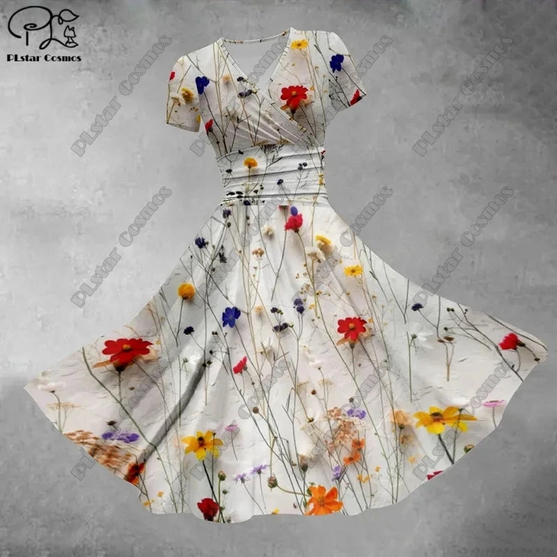 Women's Floral V-Neck Fit & Flare Dress – Short Sleeve A-Line Midi Dress, Sizes S-3X 4 Bazaare Mart Short Sleeve Printed Surplice Dresses