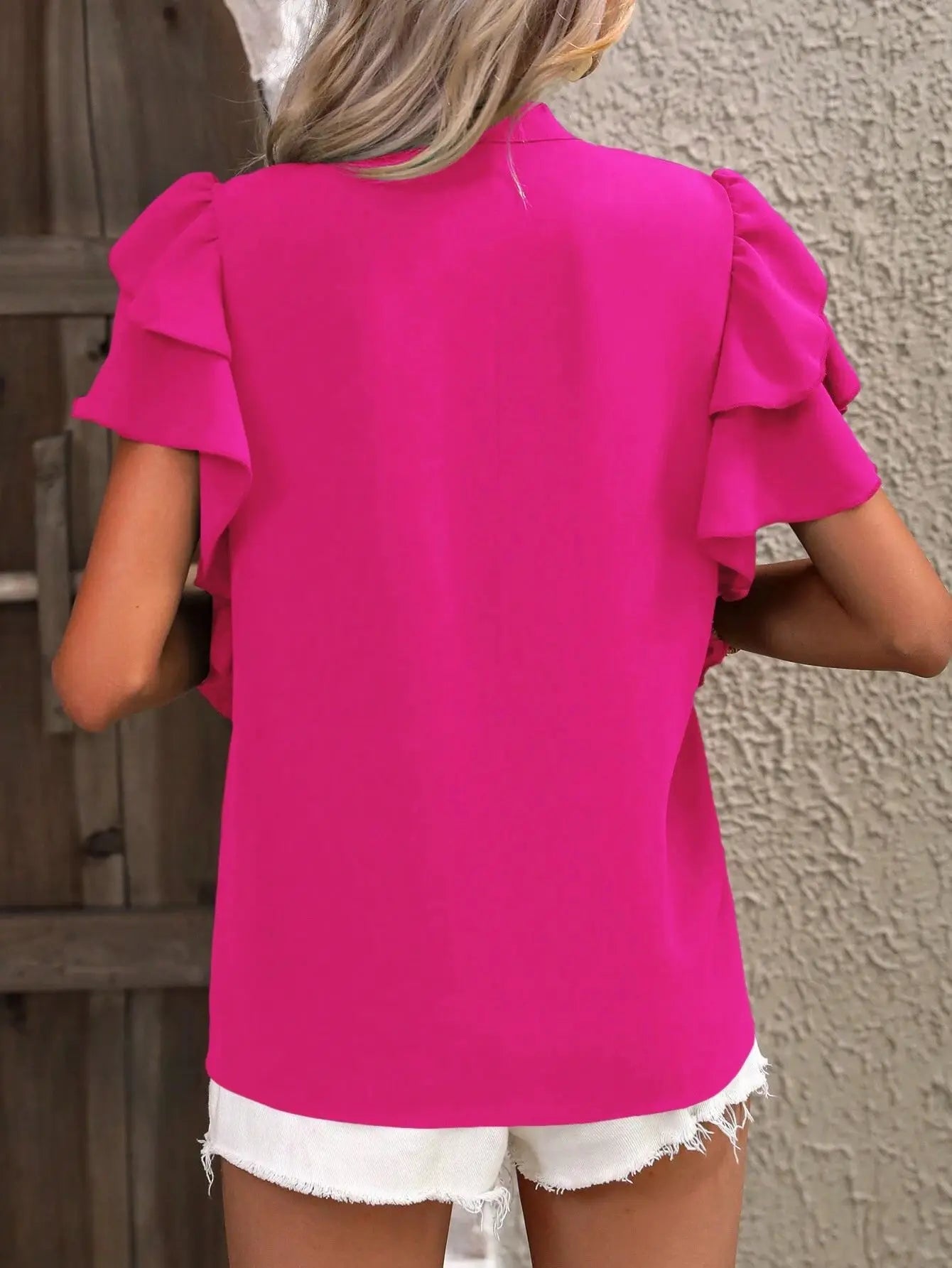 V-neck Ruffle Sleeve Solid Color Blouse