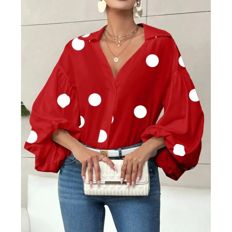 Boho Women's Blouses Spring Fall New Fashion French Polka Dot Half-neck Design Loose Puff Long-sleeve Top Casual Shirts Women Bazaare Mart