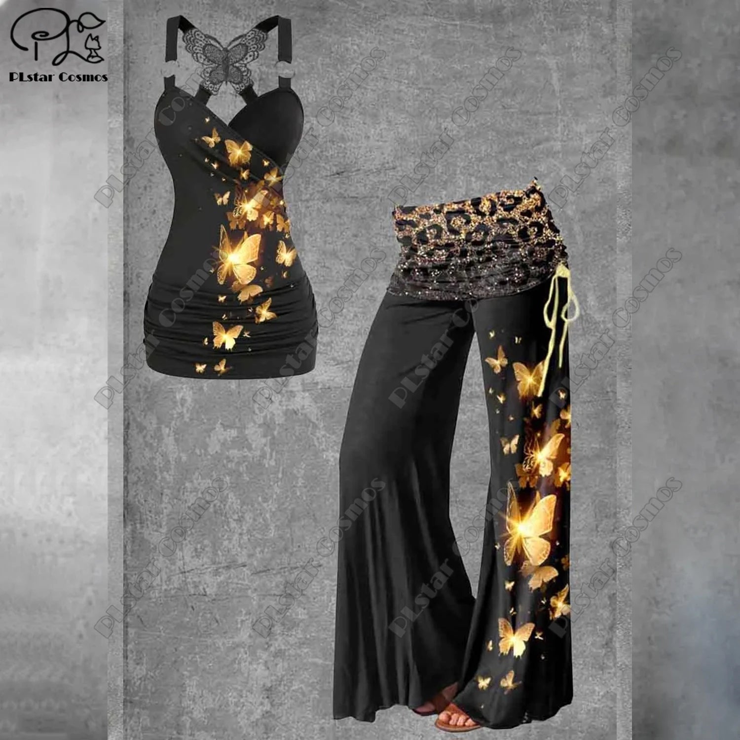 PLstar Cosmos 2023 new 3D printing women's literary rainbow butterfly vest + wide-leg pants two-piece set H1 8 Bazaare Mart