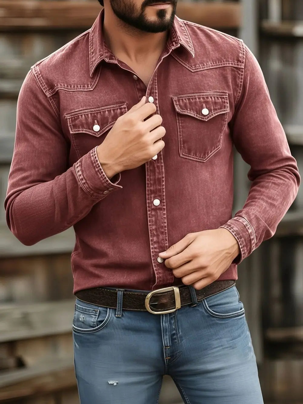 Men's Vintage Washed Denim Button Up Shirt