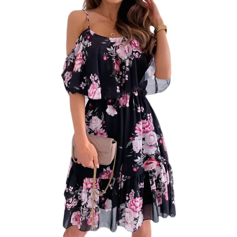 Women's Summer V-Neck Sleeveless Sling Camisole Commuting Printed Chiffon Bohemian Floral Dress For Women Bazaare Mart