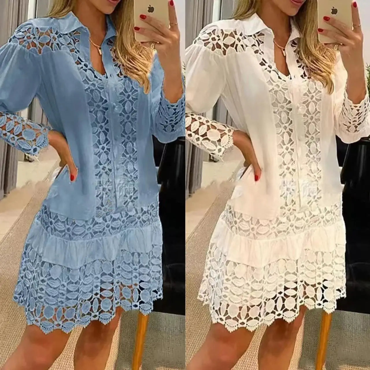 Spring Summer Lace Hollowed Out Patchwork Shirt Women's Dress Sexy Elegant Female 2 Piece Suit With Inner Strap Anti Slip Dress Bazaare Mart