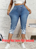 Women's Faux Denim Print Capri Leggings – High Waist Stretch Cropped Leggings with Floral Detail Blue Bazaare Mart Capris Faux Denim Leggings