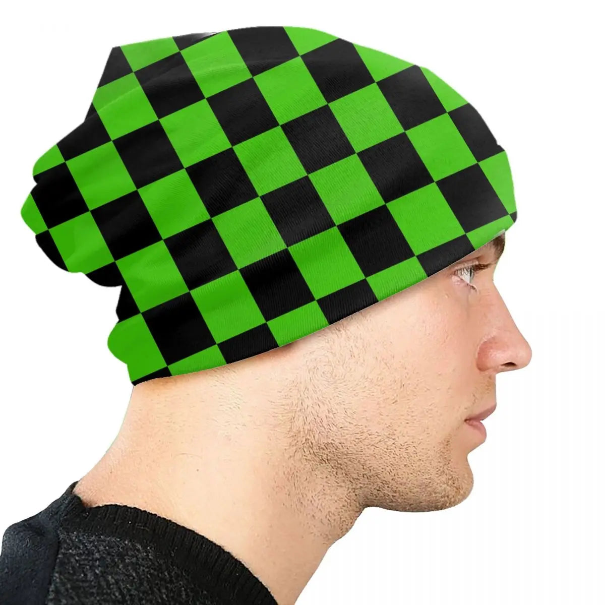 Unisex Knitted Adult Green and Black Checkerboard Cap