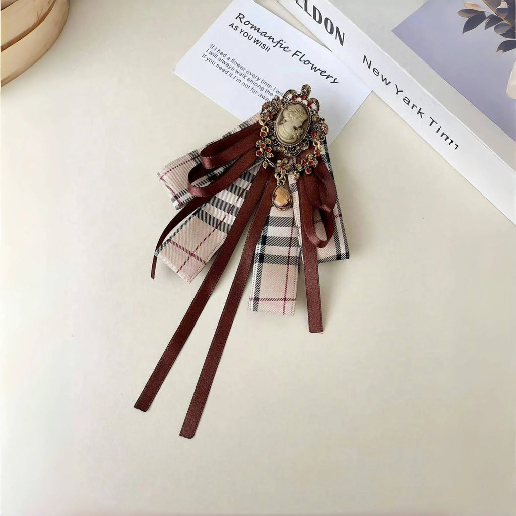 Women's Vintage Plaid Cameo Bow Tie Bazaare Mart Lady's Bowtie