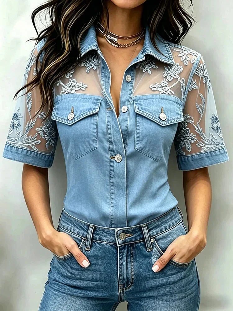 Denim Shirt with Sheer Floral Embroidered Mesh Sleeves
