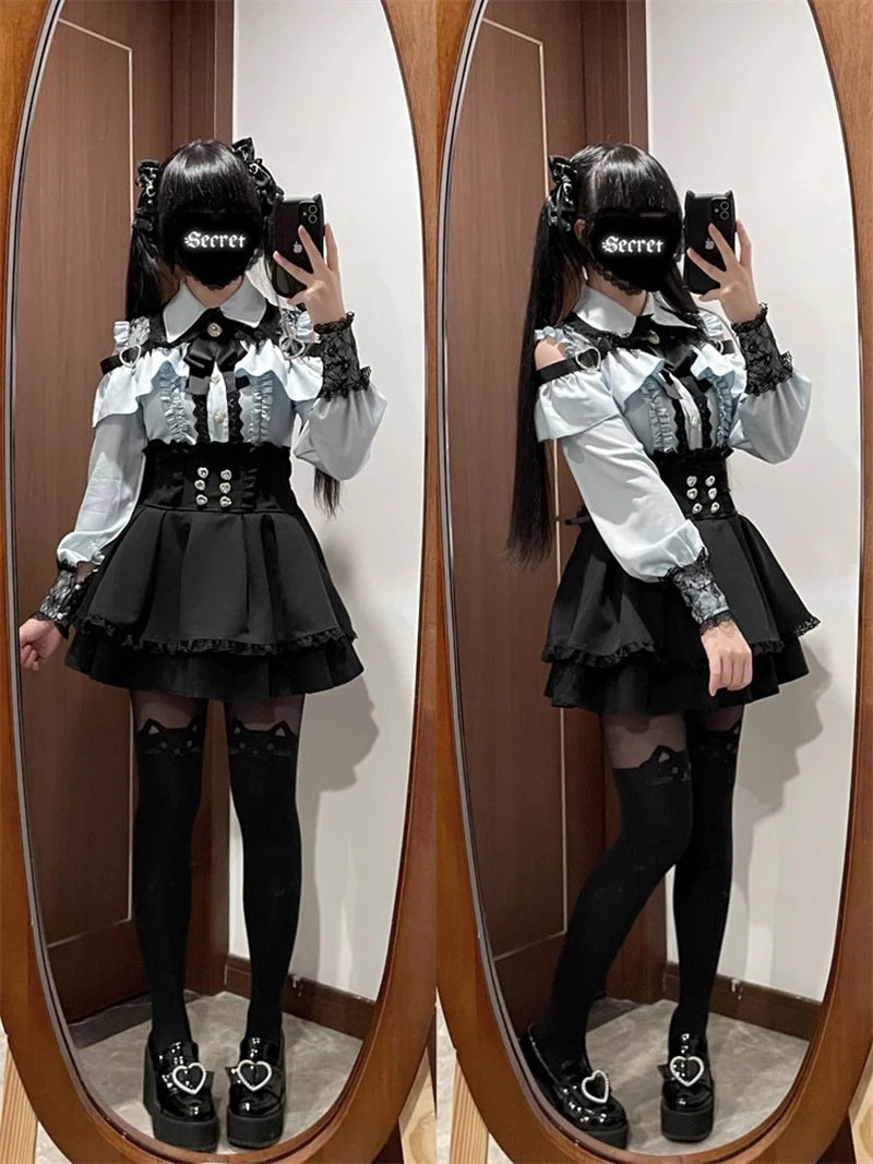 Jirai kei Shirt JK Skirt Japanese Style Lolita Y2K Sweet School Uniform Blouse Top Dress Darkness Outfit Women Girls Theme Party Bazaare Mart