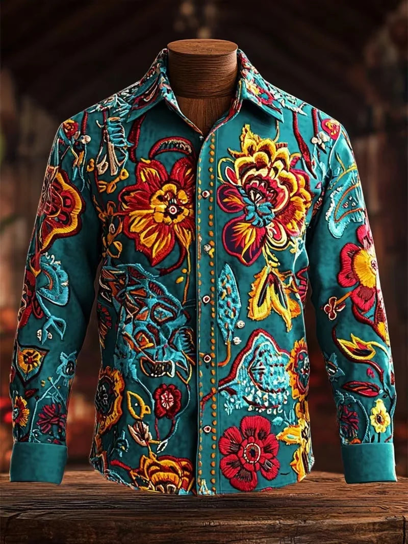 Men's Retro Floral Print Button-Up Shirt – Long Sleeve Bohemian Style
