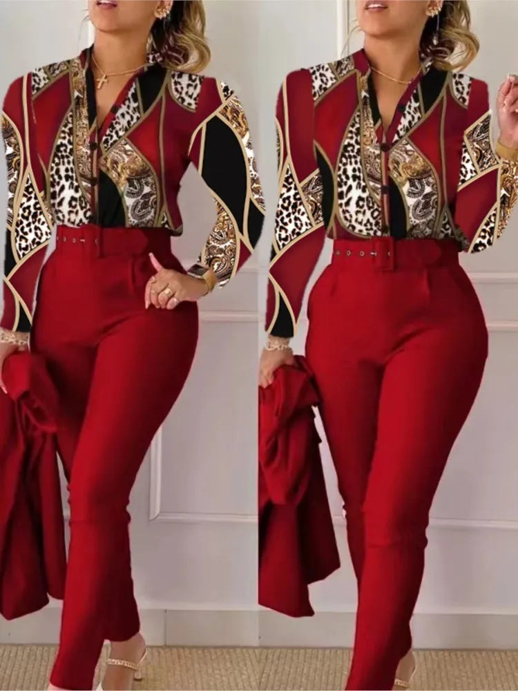 Print Long Sleeve Shirt Matching Pants Sets With Belt