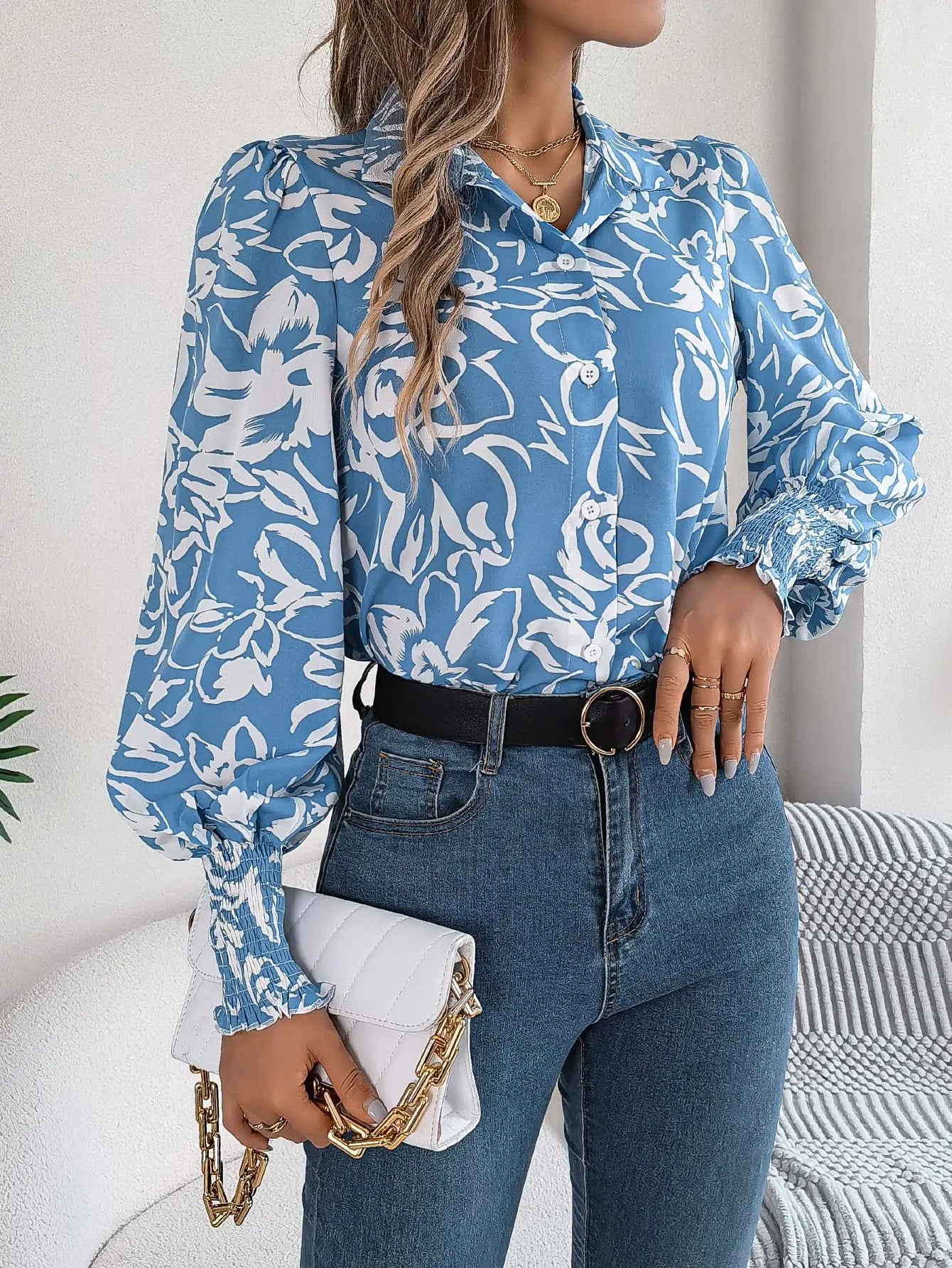 Floral Long Lantern Sleeve Flip Collar Blouse