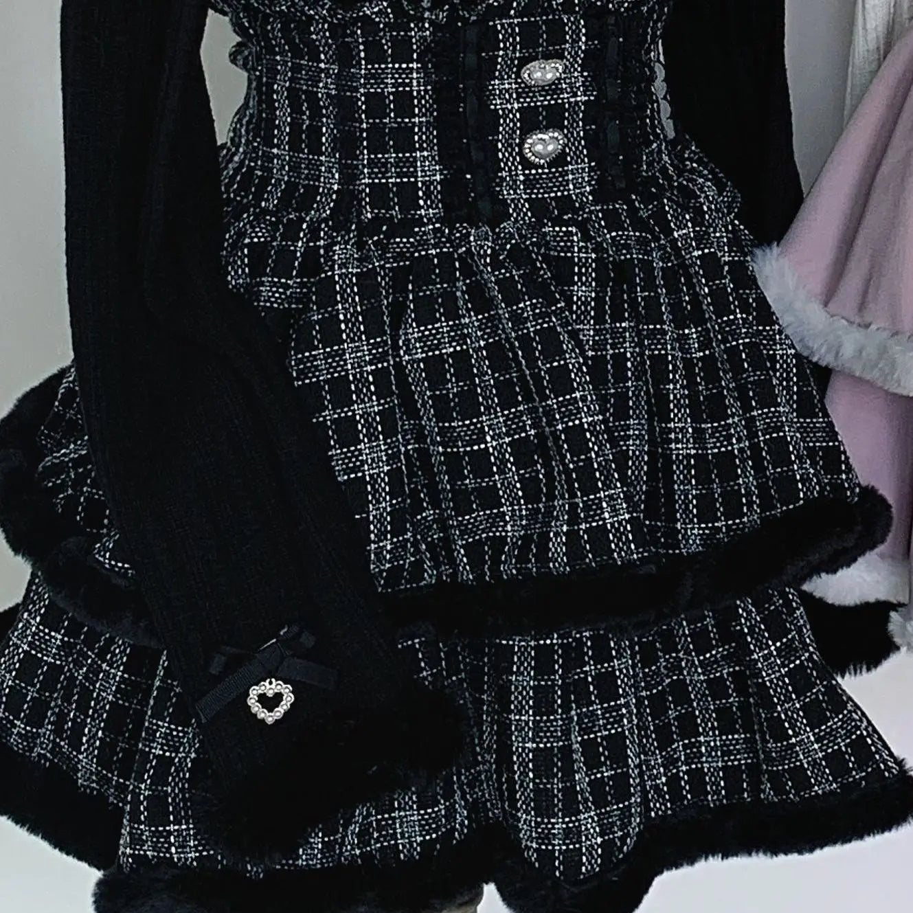 Jirai Kei Layered Skirt Outfit Lolita Y2K Pink Lace Pearl Long Sleeve Top Women Sweet Kawaii High Waist Japanese Style Xmas Set Black Skirt Bazaare Mart