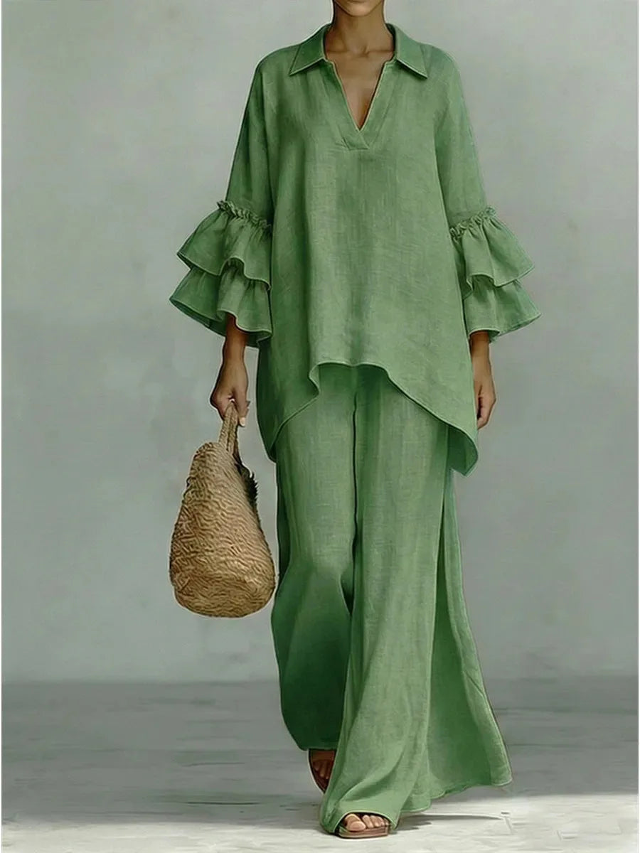 Women's 2-Piece Wide-Leg Pants Set with Ruffle Sleeves