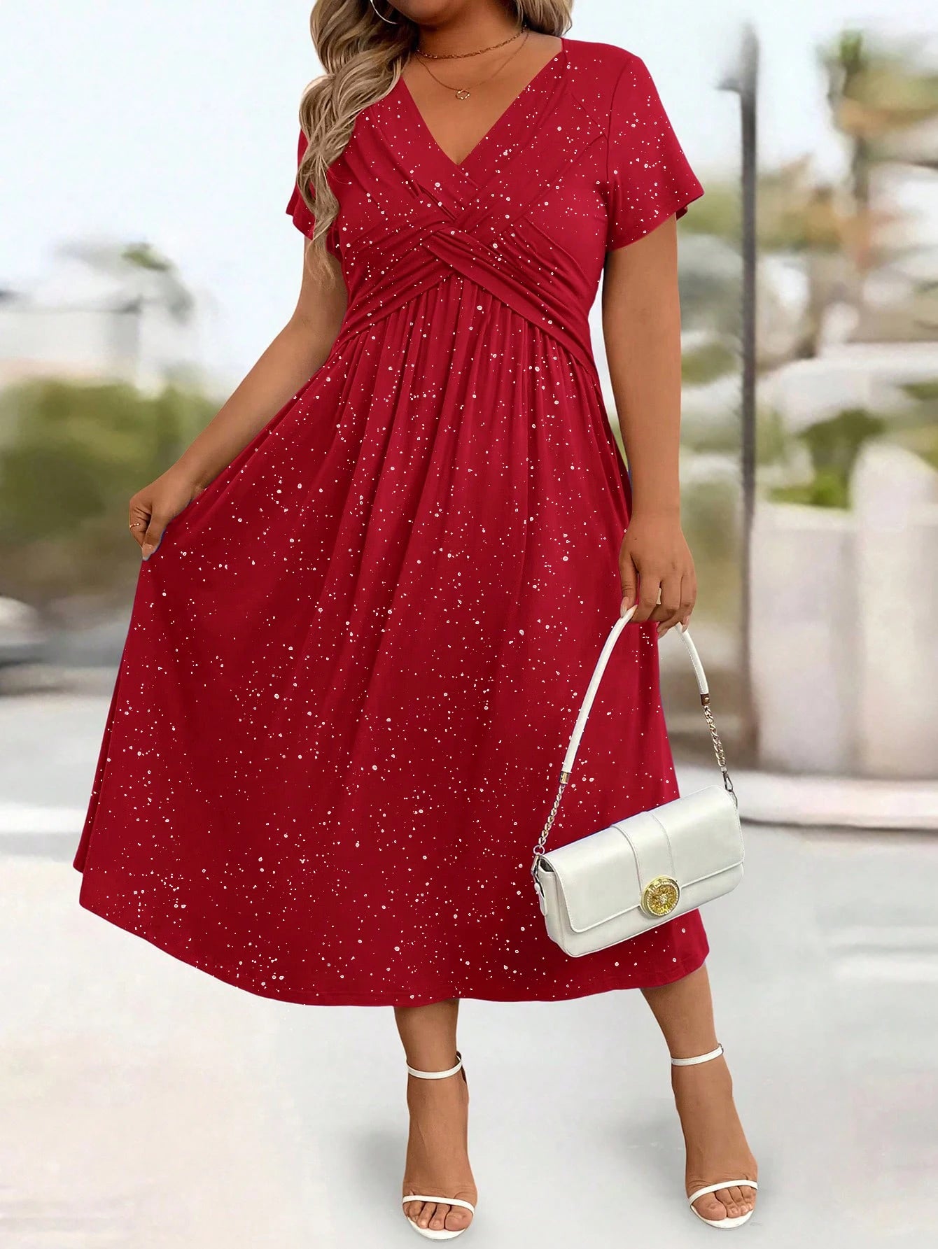 Ladies' elegant plus size powder sprinkled shiny twisted knot with pockets V-neck dress Bazaare Mart