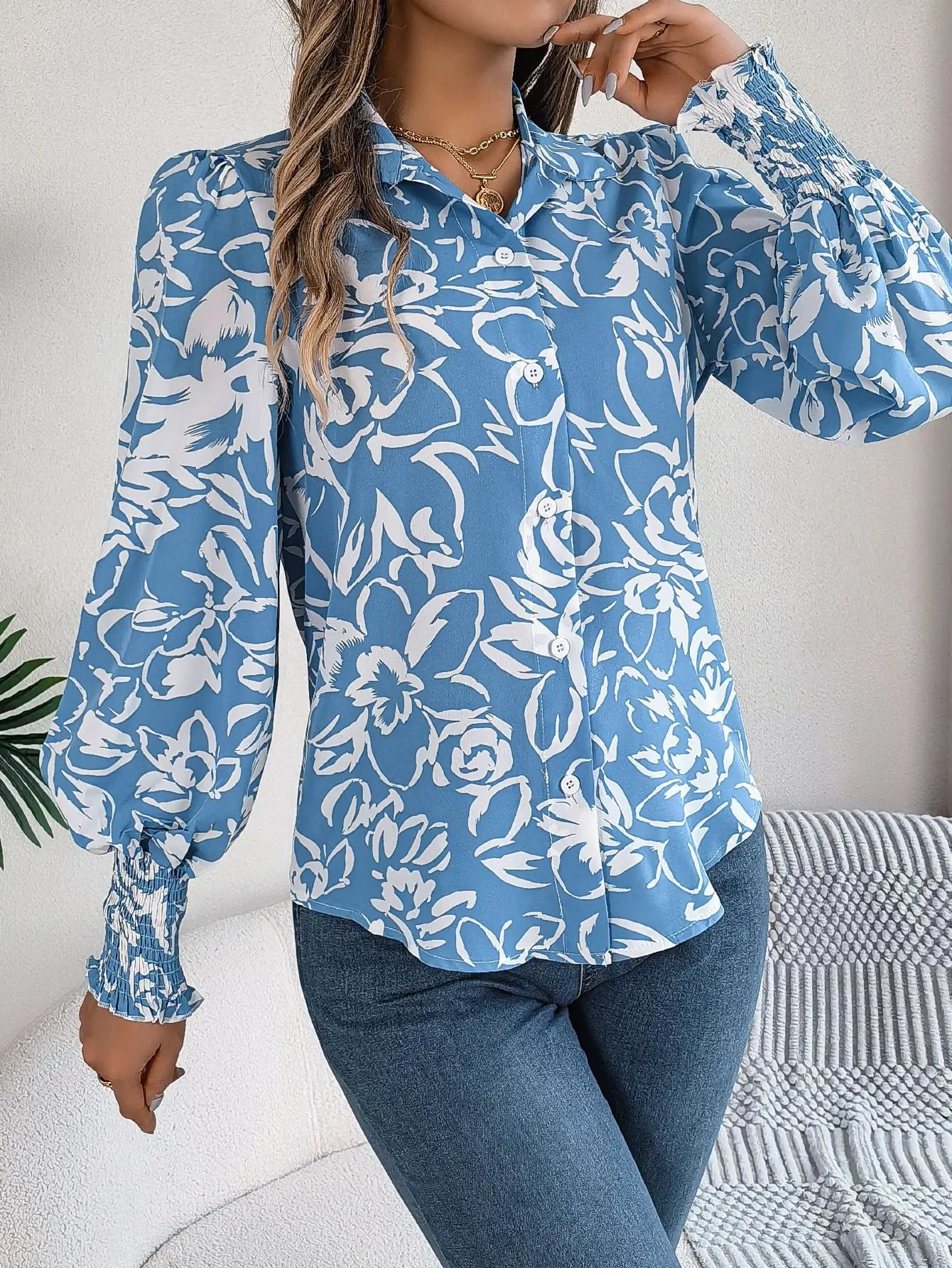 Floral Long Lantern Sleeve Flip Collar Blouse