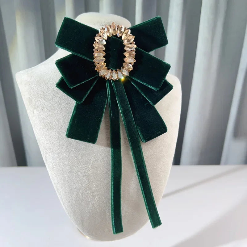 Elegant Retro Velvet Crystal Double Bow Brooches Green Bazaare Mart Velvet Crystal Double Bow Brooches