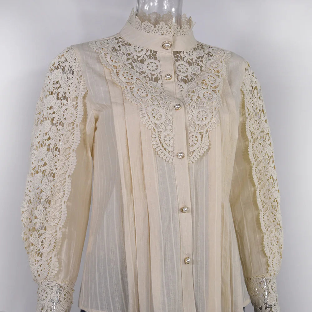 Vintage Lace Long Sleeve Pearl Button Blouse