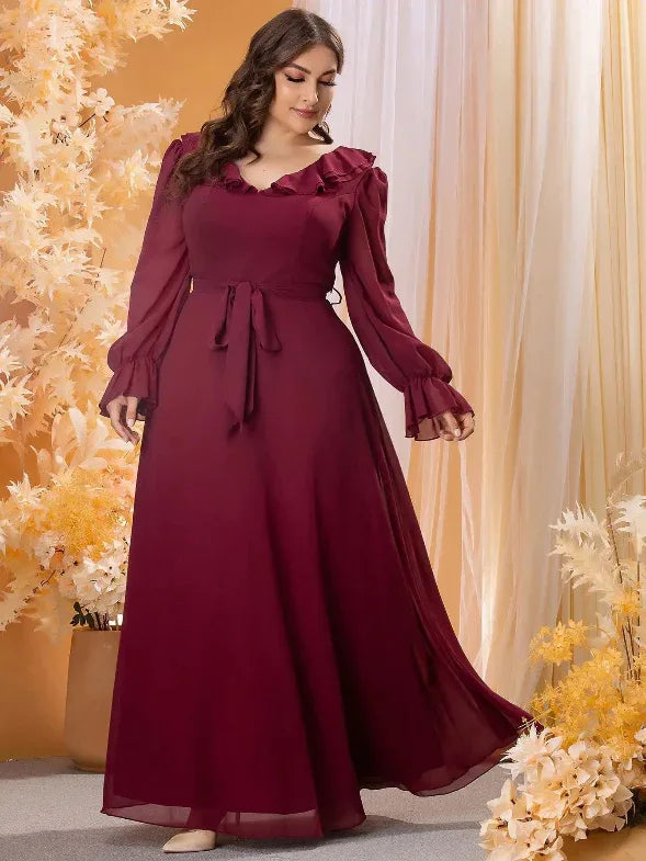 Ruffled V-neck Long Balloon Sleeve Chiffon Evening Dress Bazaare Mart Long Sleeve Maxi Dress
