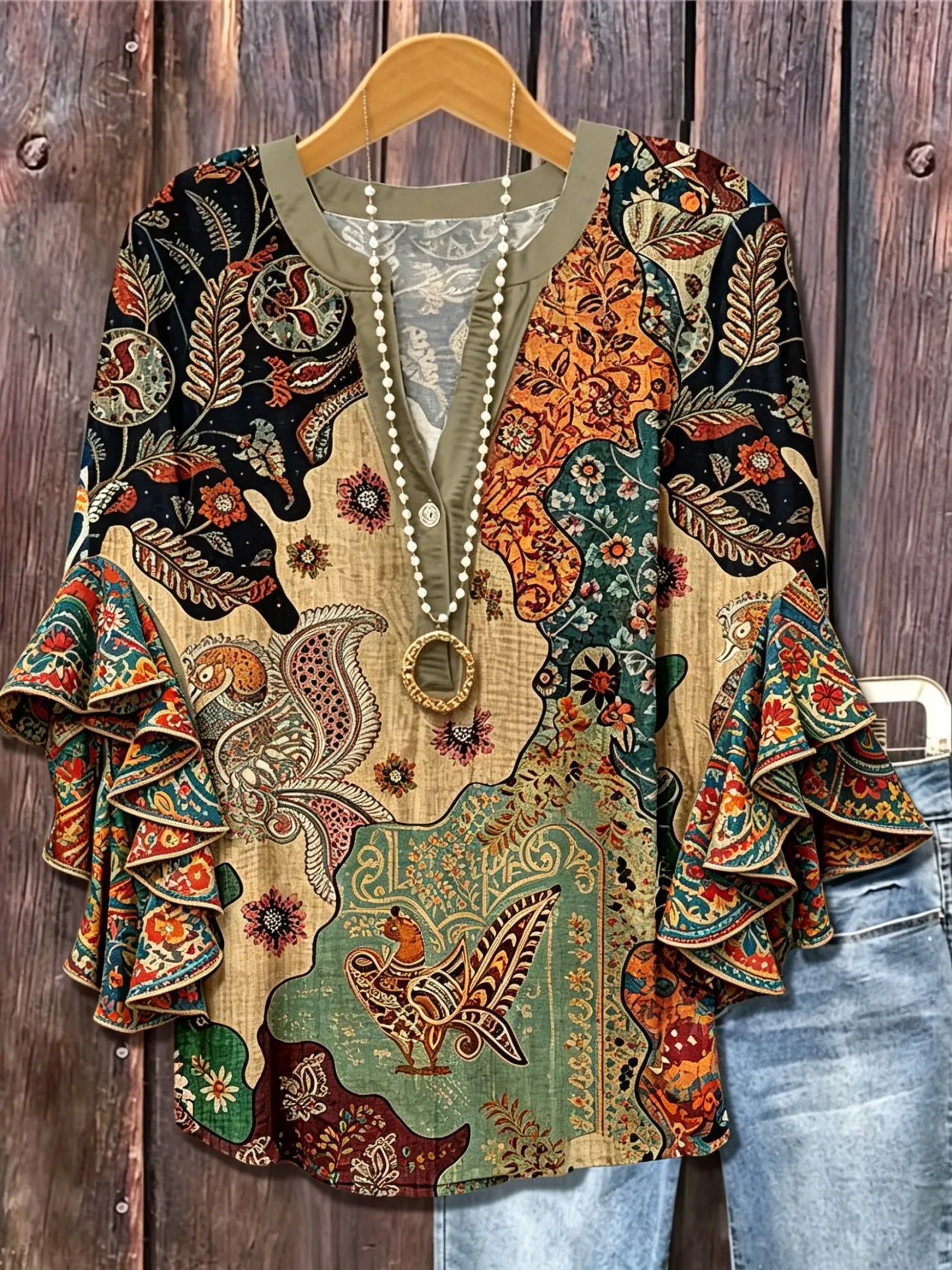 Women's Boho Patchwork Paisley Ruffle Sleeve Blouse | Elegant V-Neck Top HCHLF20261317F Bazaare Mart Ruffle Sleeve Blouse